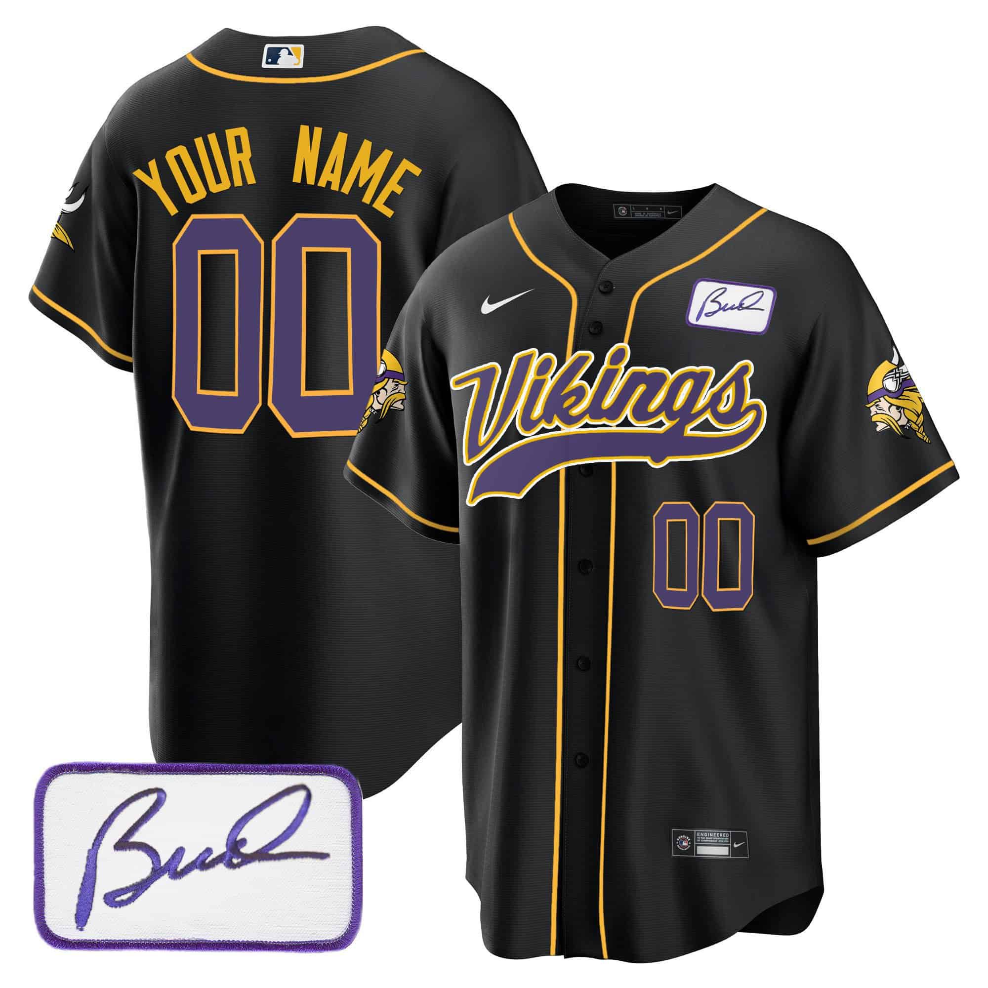 Men Minnesota Vikings Black 2024 Nike Bud Grant Patch Baseball Custom NFL Jersey